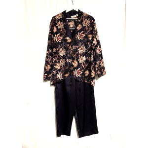 Vintage Victoria's Secret Floral Robe & PJ Set Medium Gold Label Blue Pants Top